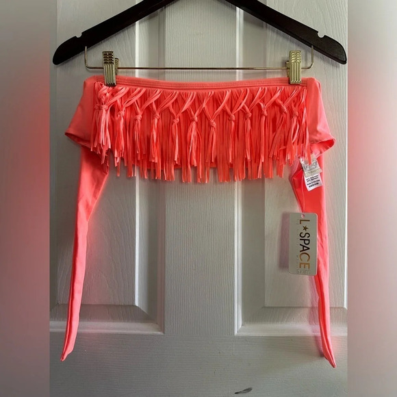 L Space l*space ELECTRIC CORAL Dolly Knotted Fringe Bateau Bikini Top Neon Sexy - Picture 2 of 9